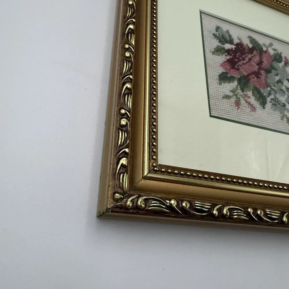 Lot 2 Floral Needlepoint Gold Matte Frame Cross Stitch Pair Hanging Cottagecore